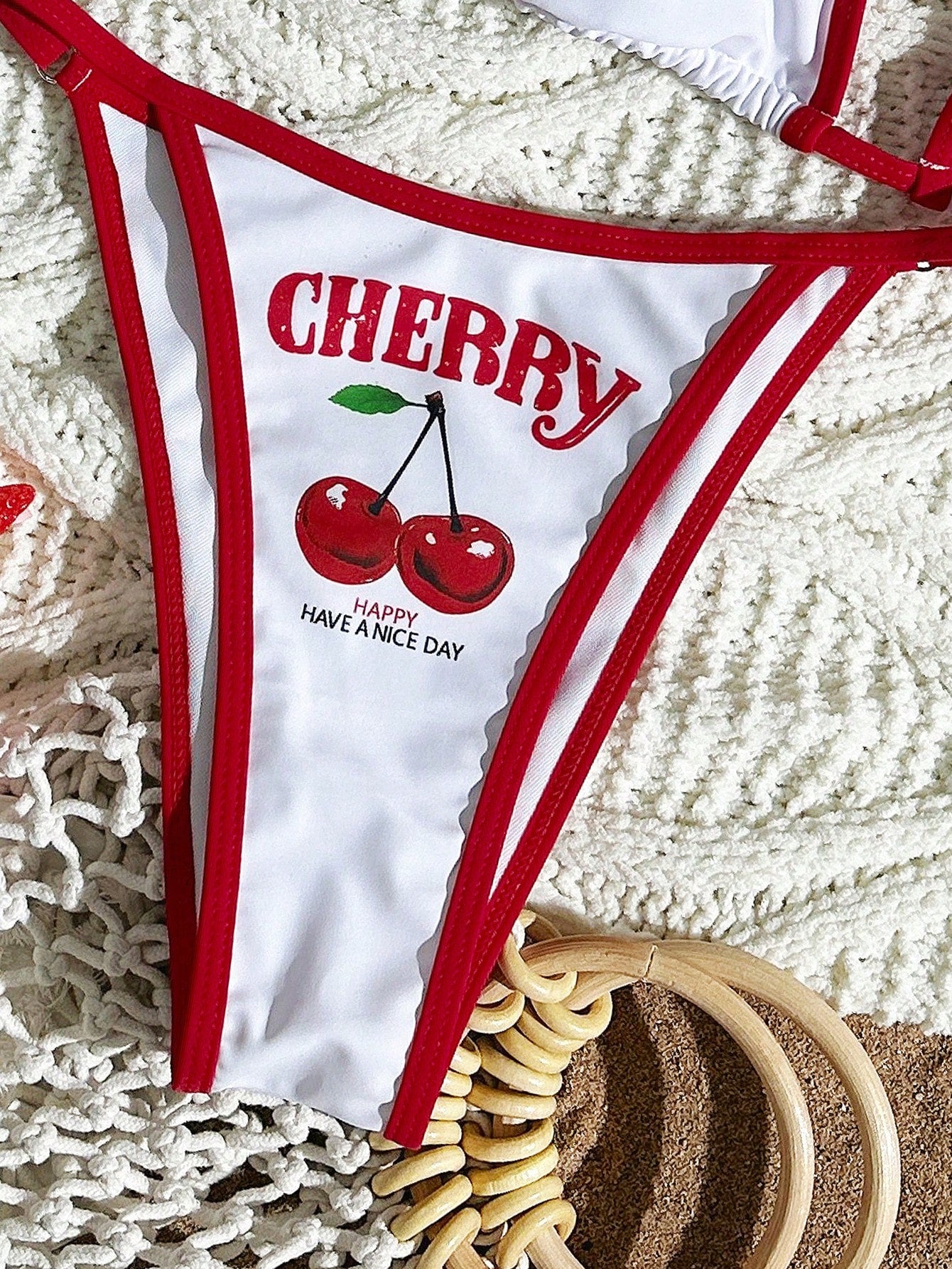 Swim Mod 3pcs Women White Cute Cherry Print Spaghetti Strap Bikini,See-Through Mesh Cover Up Short Sleeve Top Knitted Swimwear Beach Summer Holiday Pool Party