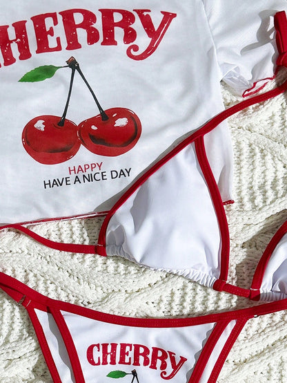 Swim Mod 3pcs Women White Cute Cherry Print Spaghetti Strap Bikini,See-Through Mesh Cover Up Short Sleeve Top Knitted Swimwear Beach Summer Holiday Pool Party