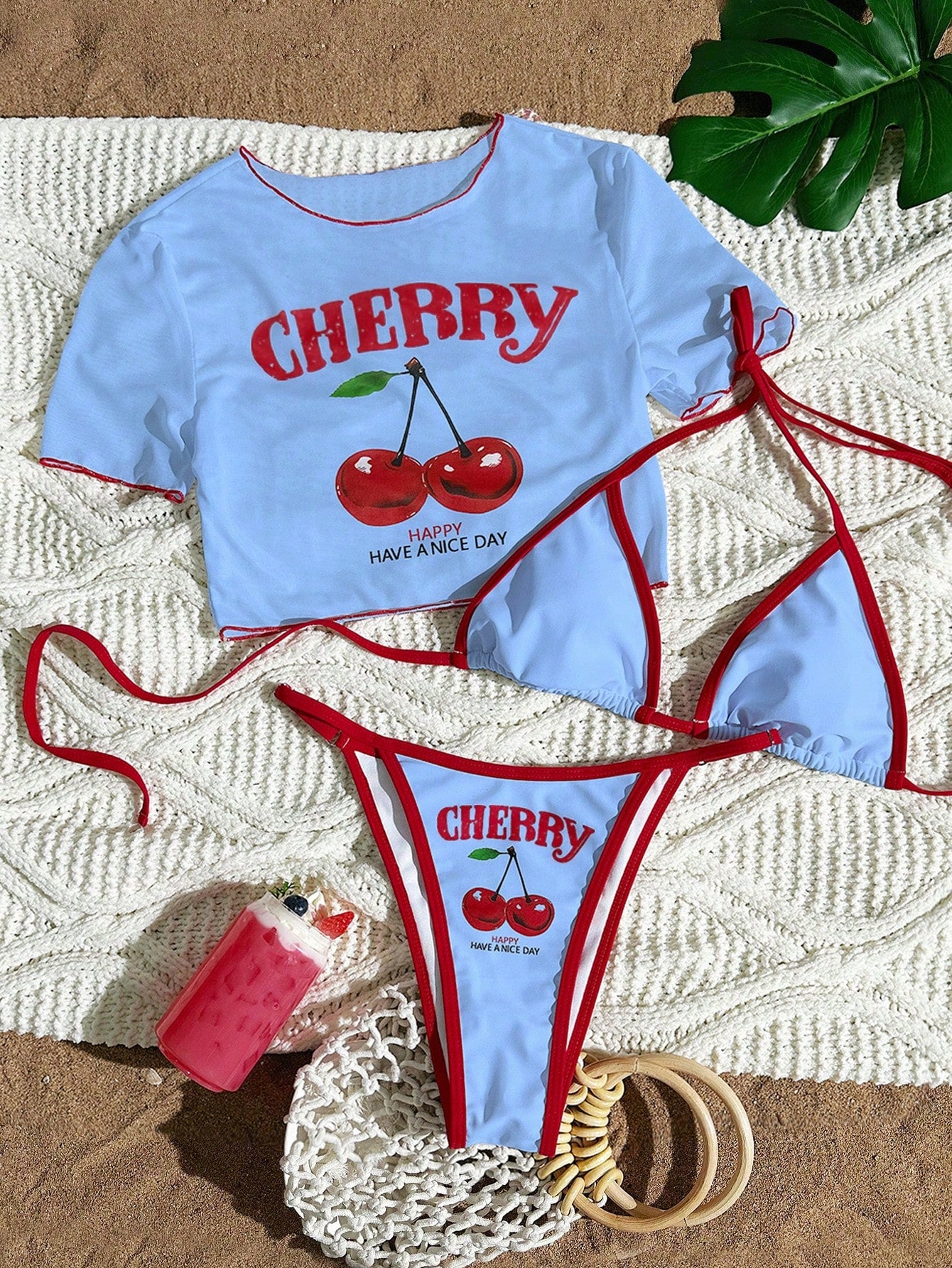 Swim Mod 3pcs Women White Cute Cherry Print Spaghetti Strap Bikini,See-Through Mesh Cover Up Short Sleeve Top Knitted Swimwear Beach Summer Holiday Pool Party