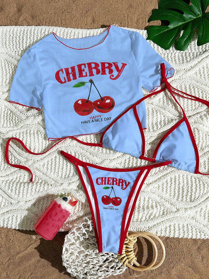 Swim Mod 3pcs Women White Cute Cherry Print Spaghetti Strap Bikini,See-Through Mesh Cover Up Short Sleeve Top Knitted Swimwear Beach Summer Holiday Pool Party