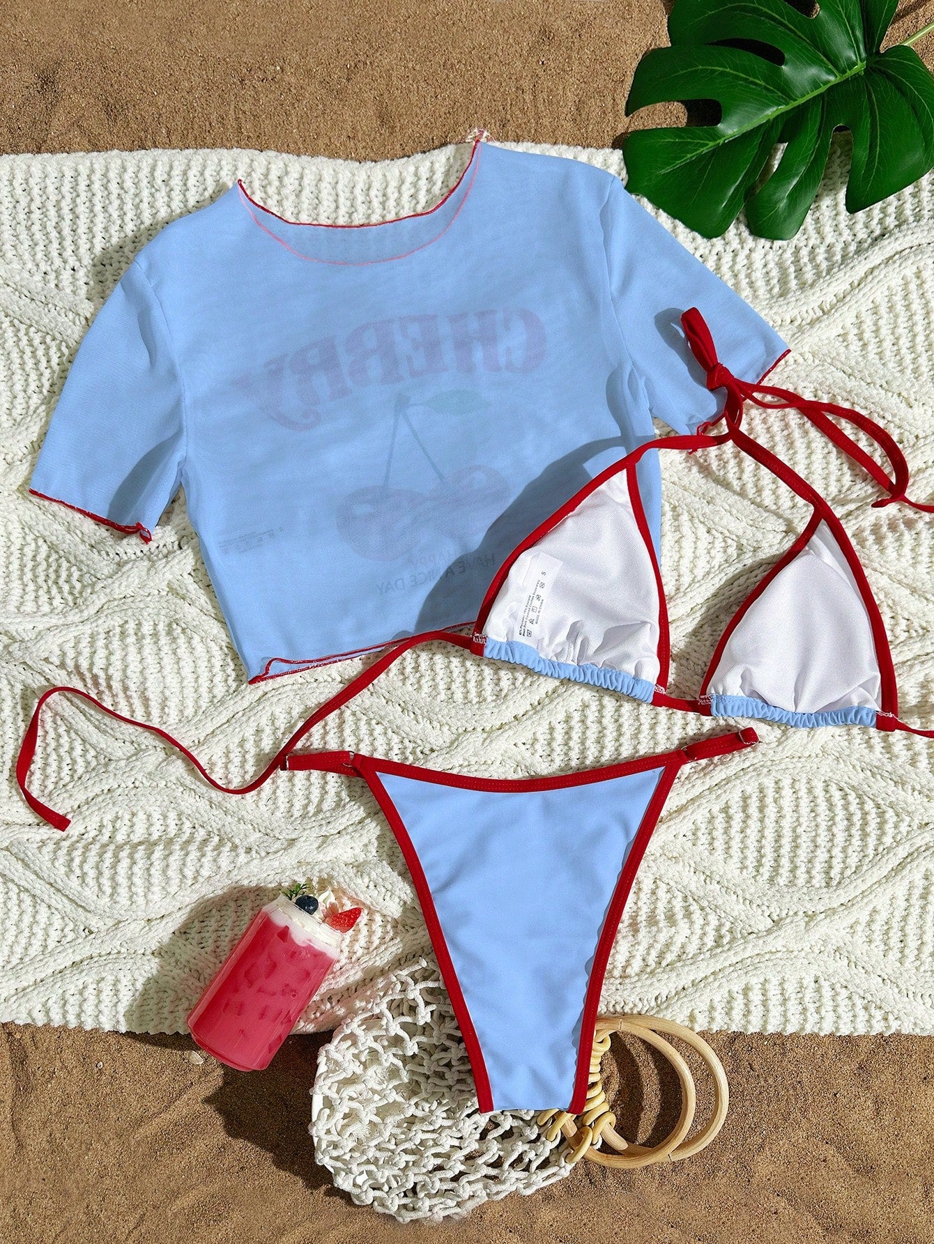 Swim Mod 3pcs Women White Cute Cherry Print Spaghetti Strap Bikini,See-Through Mesh Cover Up Short Sleeve Top Knitted Swimwear Beach Summer Holiday Pool Party