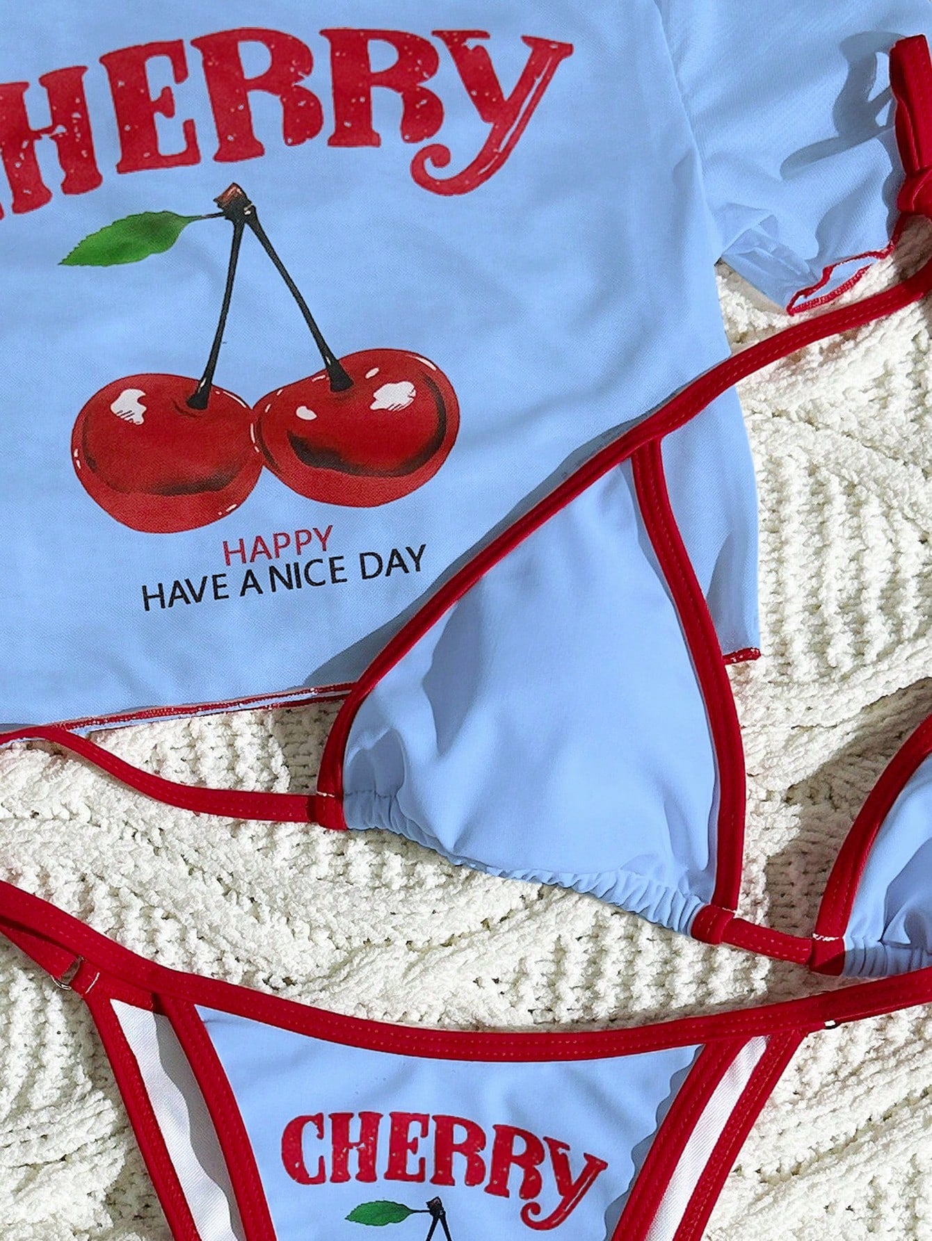 Swim Mod 3pcs Women White Cute Cherry Print Spaghetti Strap Bikini,See-Through Mesh Cover Up Short Sleeve Top Knitted Swimwear Beach Summer Holiday Pool Party