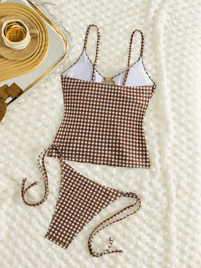 Swim Mod Ladies Beach Vacation Summer Music Festival Spaghetti Strap Metal Jewelry Knotted Thong Mature Sexy Vacation Style Tankini Set Brown