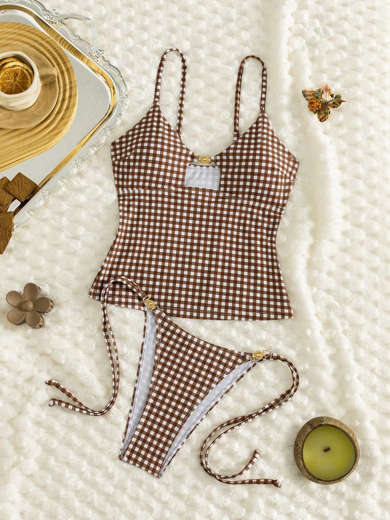 Swim Mod Ladies Beach Vacation Summer Music Festival Spaghetti Strap Metal Jewelry Knotted Thong Mature Sexy Vacation Style Tankini Set Brown