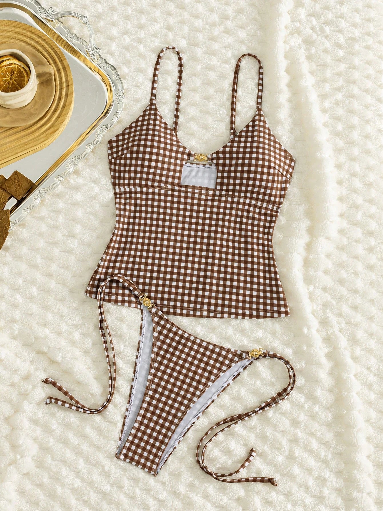 Swim Mod Ladies Beach Vacation Summer Music Festival Spaghetti Strap Metal Jewelry Knotted Thong Mature Sexy Vacation Style Tankini Set Brown