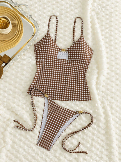 Swim Mod Ladies Beach Vacation Summer Music Festival Spaghetti Strap Metal Jewelry Knotted Thong Mature Sexy Vacation Style Tankini Set Brown