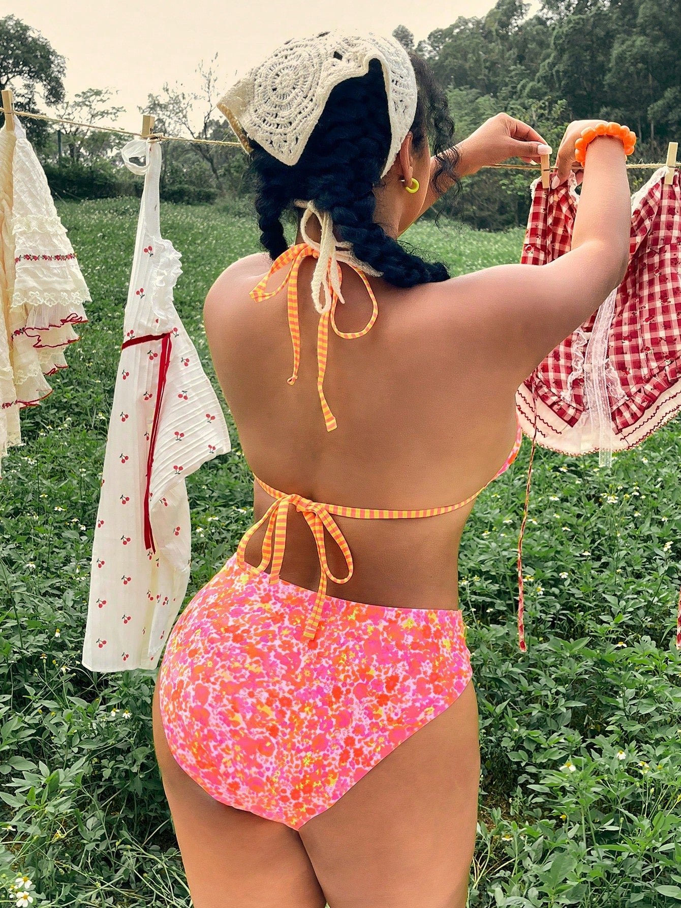 Swim Mod Plus Size 2-Piece Swimwear, Women's Pink Floral Bikini With Halter Neck Tie, Triangle Cup Design, Boho Printed Swim Bottoms, Summer Beach Vacation