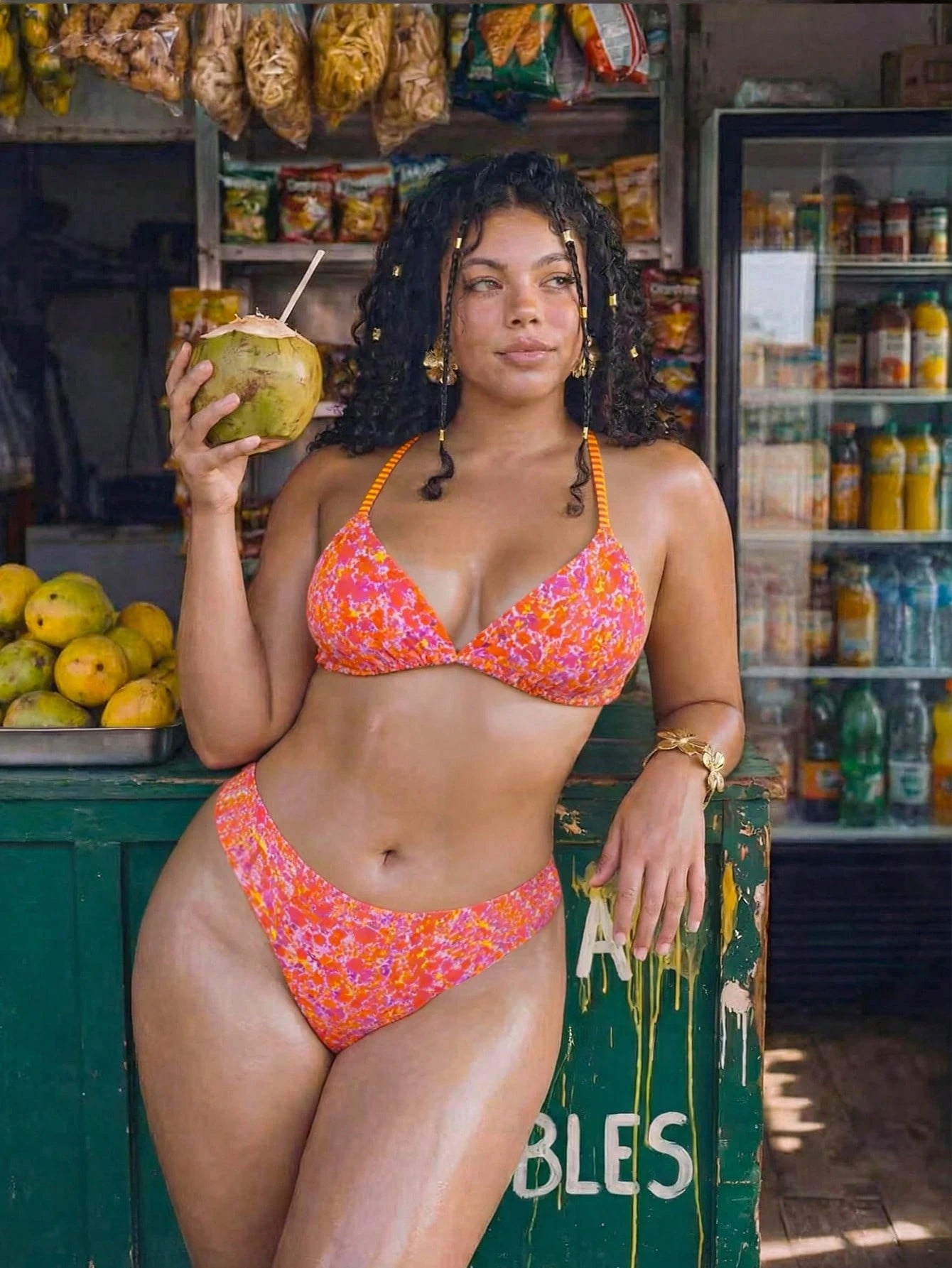 Swim Mod Plus Size 2-Piece Swimwear, Women's Pink Floral Bikini With Halter Neck Tie, Triangle Cup Design, Boho Printed Swim Bottoms, Summer Beach Vacation