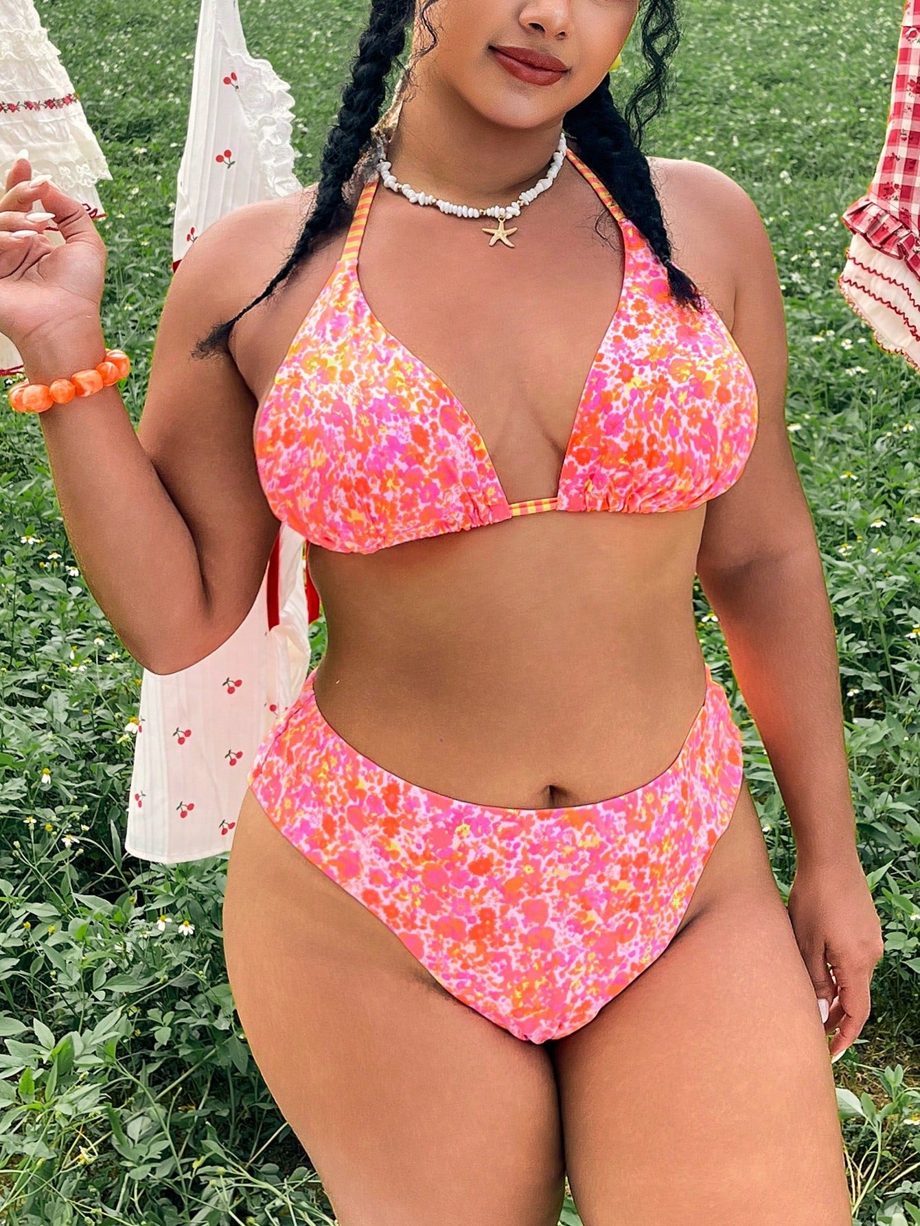 Swim Mod Plus Size 2-Piece Swimwear, Women's Pink Floral Bikini With Halter Neck Tie, Triangle Cup Design, Boho Printed Swim Bottoms, Summer Beach Vacation