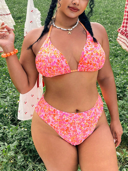 Swim Mod Plus Size 2-Piece Swimwear, Women's Pink Floral Bikini With Halter Neck Tie, Triangle Cup Design, Boho Printed Swim Bottoms, Summer Beach Vacation