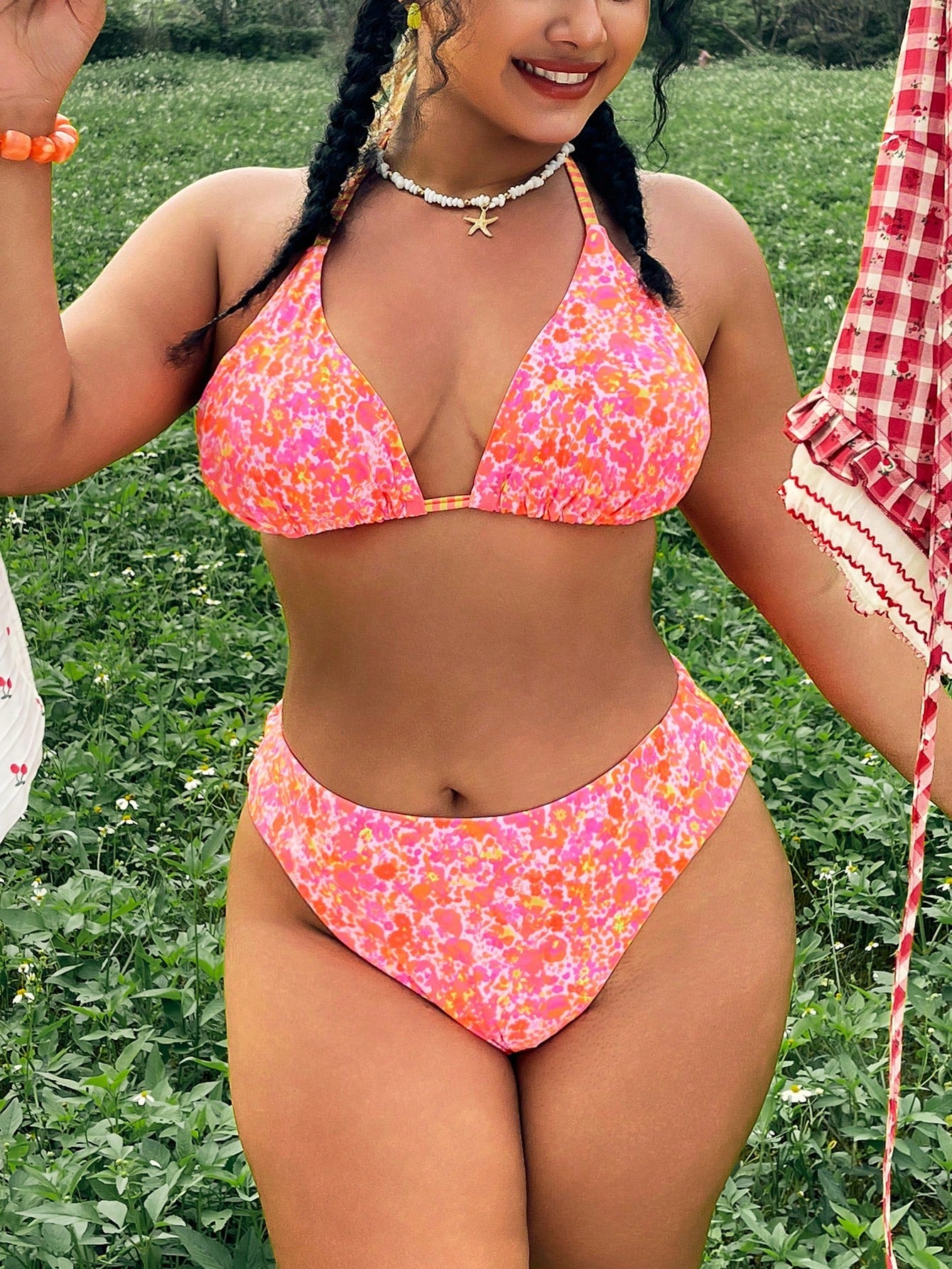 Swim Mod Plus Size 2-Piece Swimwear, Women's Pink Floral Bikini With Halter Neck Tie, Triangle Cup Design, Boho Printed Swim Bottoms, Summer Beach Vacation