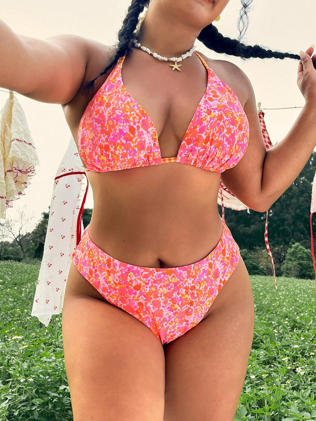 Swim Mod Plus Size 2-Piece Swimwear, Women's Pink Floral Bikini With Halter Neck Tie, Triangle Cup Design, Boho Printed Swim Bottoms, Summer Beach Vacation