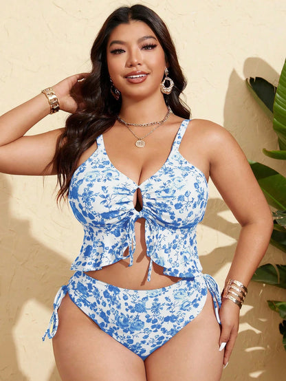 Swim Mod Plus Size Women's Black Floral Ruffle Tie-Front Bikini Set With Side Drawstring Pants, 2-Piece Vacation Swimsuit