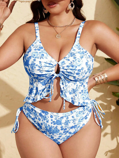 Swim Mod Plus Size Women's Black Floral Ruffle Tie-Front Bikini Set With Side Drawstring Pants, 2-Piece Vacation Swimsuit