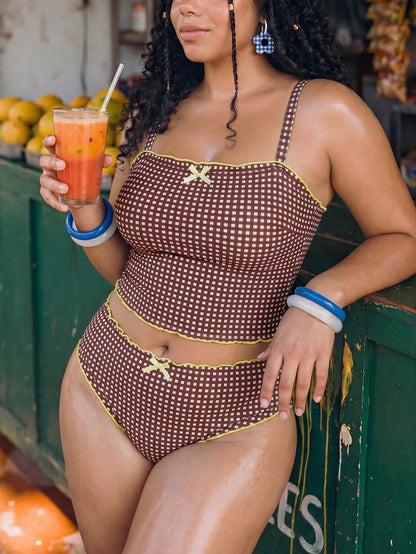 Swim Mod Plus Size Women's Plaid Bow Decor Tankini & Triangle Tankini Bottom 2-Piece Swimsuit Set, Suitable For Summer Vacation And Beach