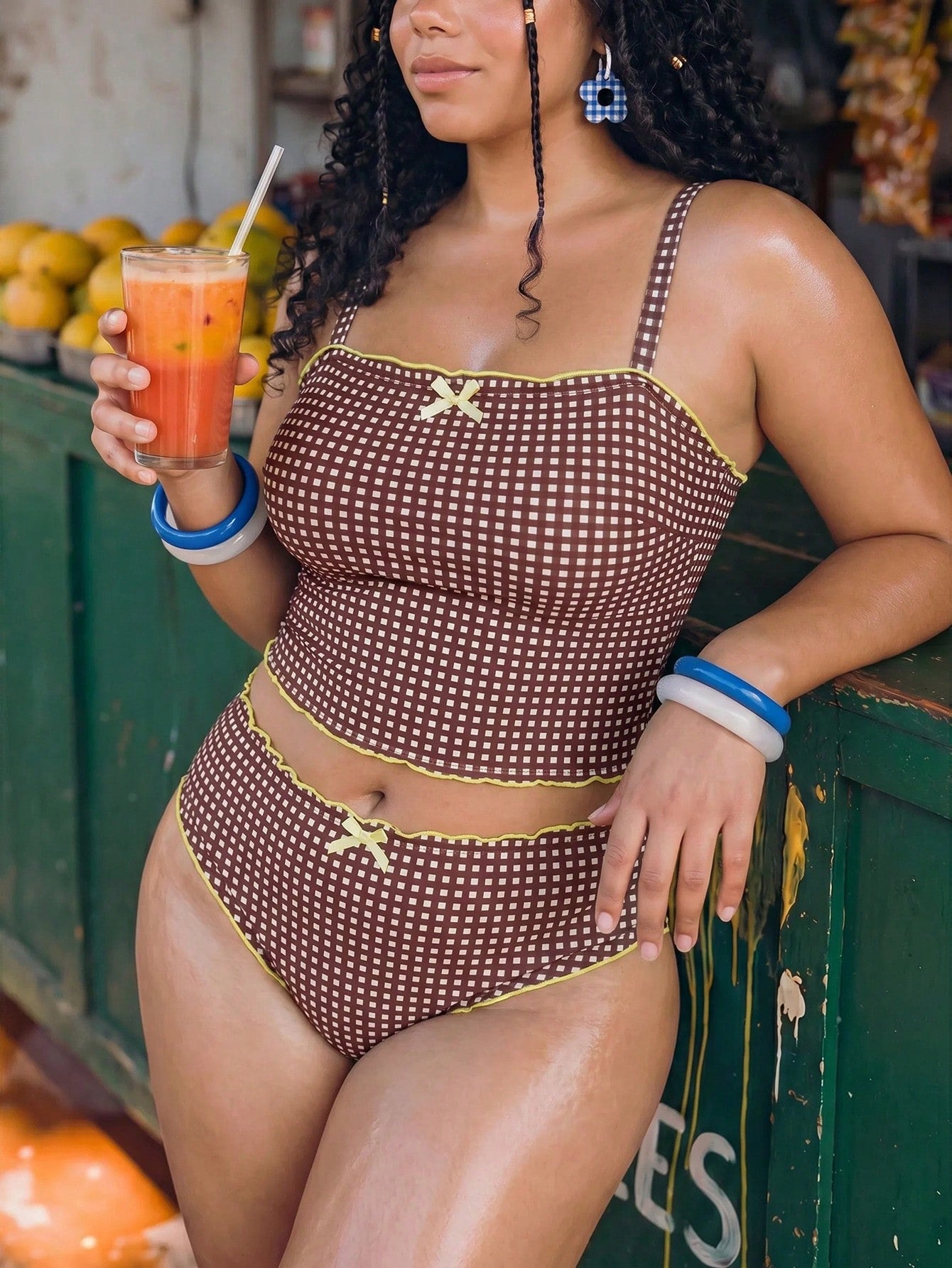 Swim Mod Plus Size Women's Plaid Bow Decor Tankini & Triangle Tankini Bottom 2-Piece Swimsuit Set, Suitable For Summer Vacation And Beach