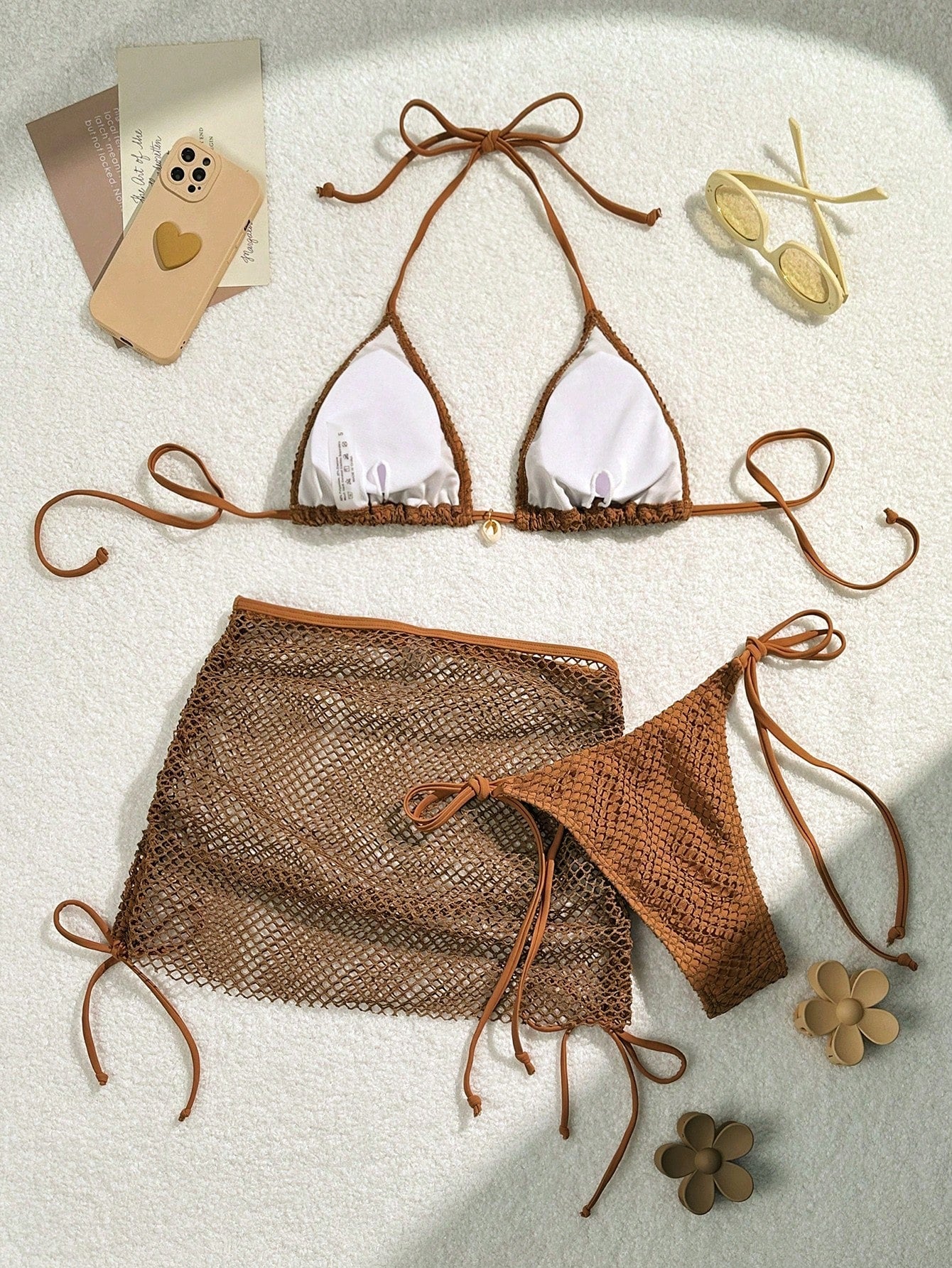 Swim Mod Swimsuits For Woman Shell Decor Halter Bra & Swim Bottom & Cover Up Skirt Bikini Set, Summer Beach Bathing Suit
