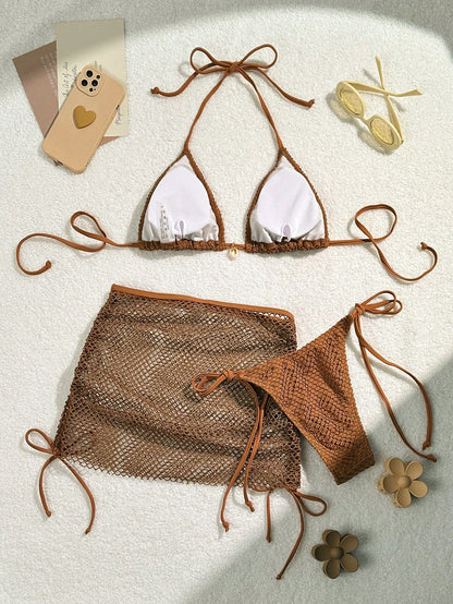 Swim Mod Swimsuits For Woman Shell Decor Halter Bra & Swim Bottom & Cover Up Skirt Bikini Set, Summer Beach Bathing Suit
