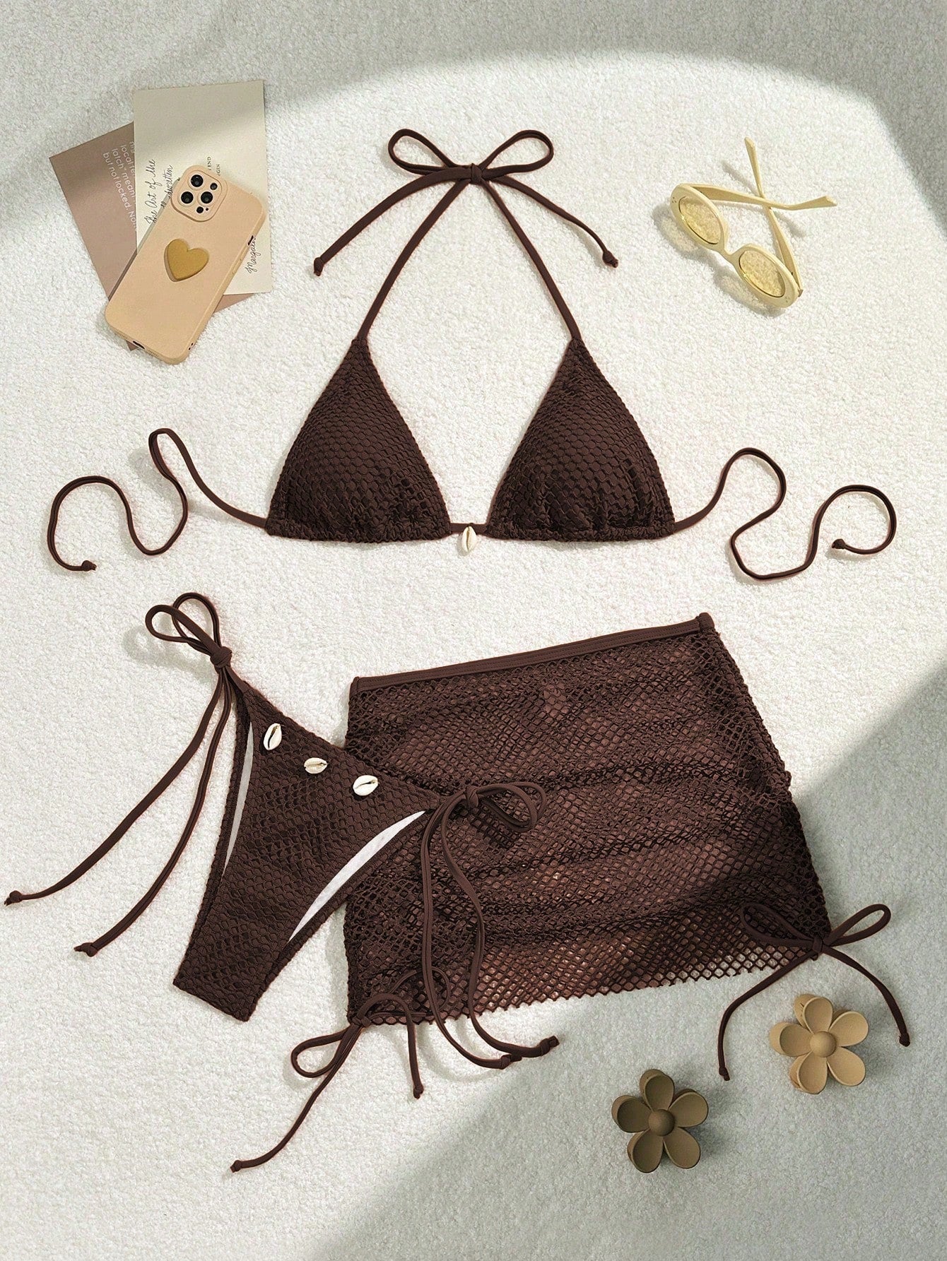 Swim Mod Swimsuits For Woman Shell Decor Halter Bra & Swim Bottom & Cover Up Skirt Bikini Set, Summer Beach Bathing Suit