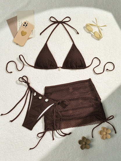 Swim Mod Swimsuits For Woman Shell Decor Halter Bra & Swim Bottom & Cover Up Skirt Bikini Set, Summer Beach Bathing Suit