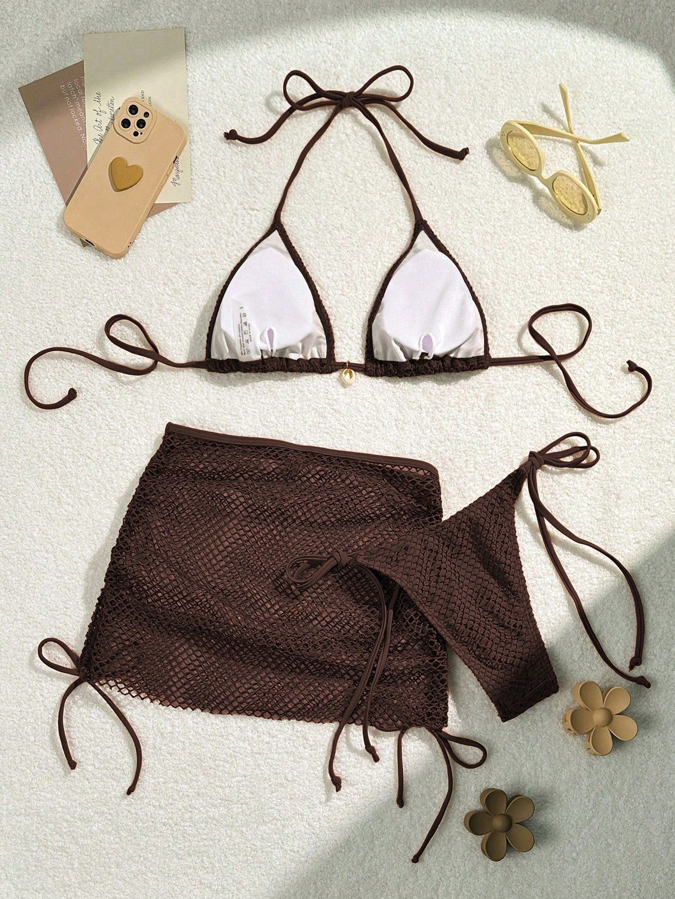 Swim Mod Swimsuits For Woman Shell Decor Halter Bra & Swim Bottom & Cover Up Skirt Bikini Set, Summer Beach Bathing Suit