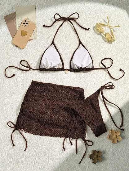 Swim Mod Swimsuits For Woman Shell Decor Halter Bra & Swim Bottom & Cover Up Skirt Bikini Set, Summer Beach Bathing Suit