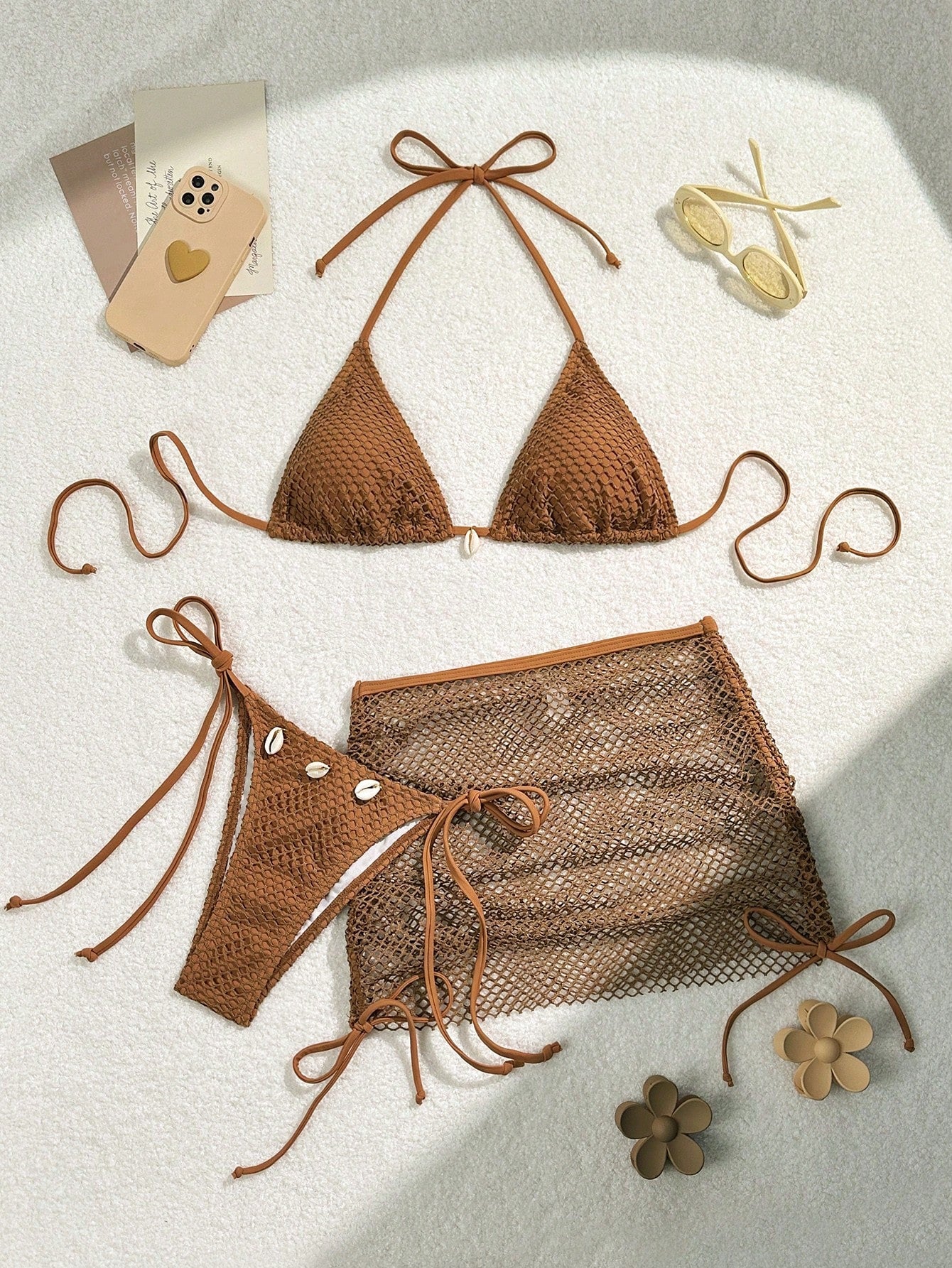 Swim Mod Swimsuits For Woman Shell Decor Halter Bra & Swim Bottom & Cover Up Skirt Bikini Set, Summer Beach Bathing Suit