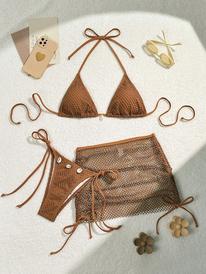 Swim Mod Swimsuits For Woman Shell Decor Halter Bra & Swim Bottom & Cover Up Skirt Bikini Set, Summer Beach Bathing Suit