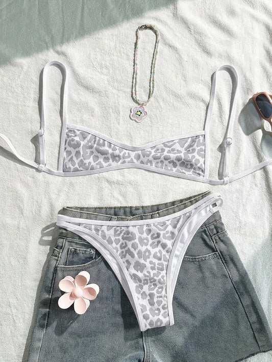 Swim Mod Women's Leopard Print Spaghetti Strap Bikini Set,2 Pieces White Swimwear For Summer,Casual Holiday,Pool Party,Vacation,Beach California Outfits