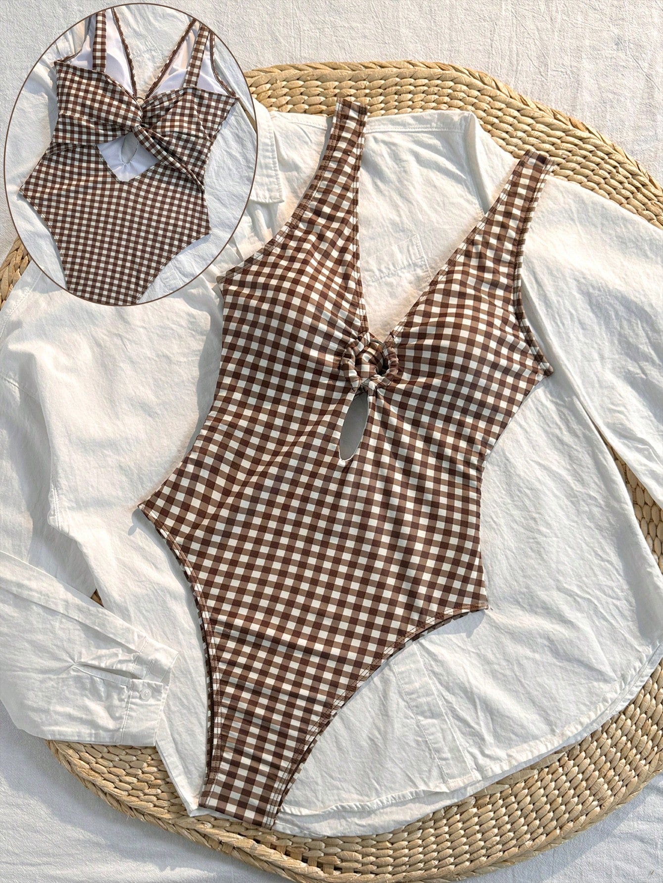 Swim Mod Women's New Brown Plaid One-Piece Swimsuit, Chest Ring Design, Elegant Minimalist Swimwear, Suitable For Beach Vacation, Photogenic, Spring/Summer Vacation Swimsuit, Back Cross Strap Design