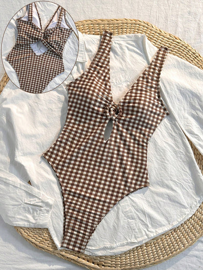 Swim Mod Women's New Brown Plaid One-Piece Swimsuit, Chest Ring Design, Elegant Minimalist Swimwear, Suitable For Beach Vacation, Photogenic, Spring/Summer Vacation Swimsuit, Back Cross Strap Design