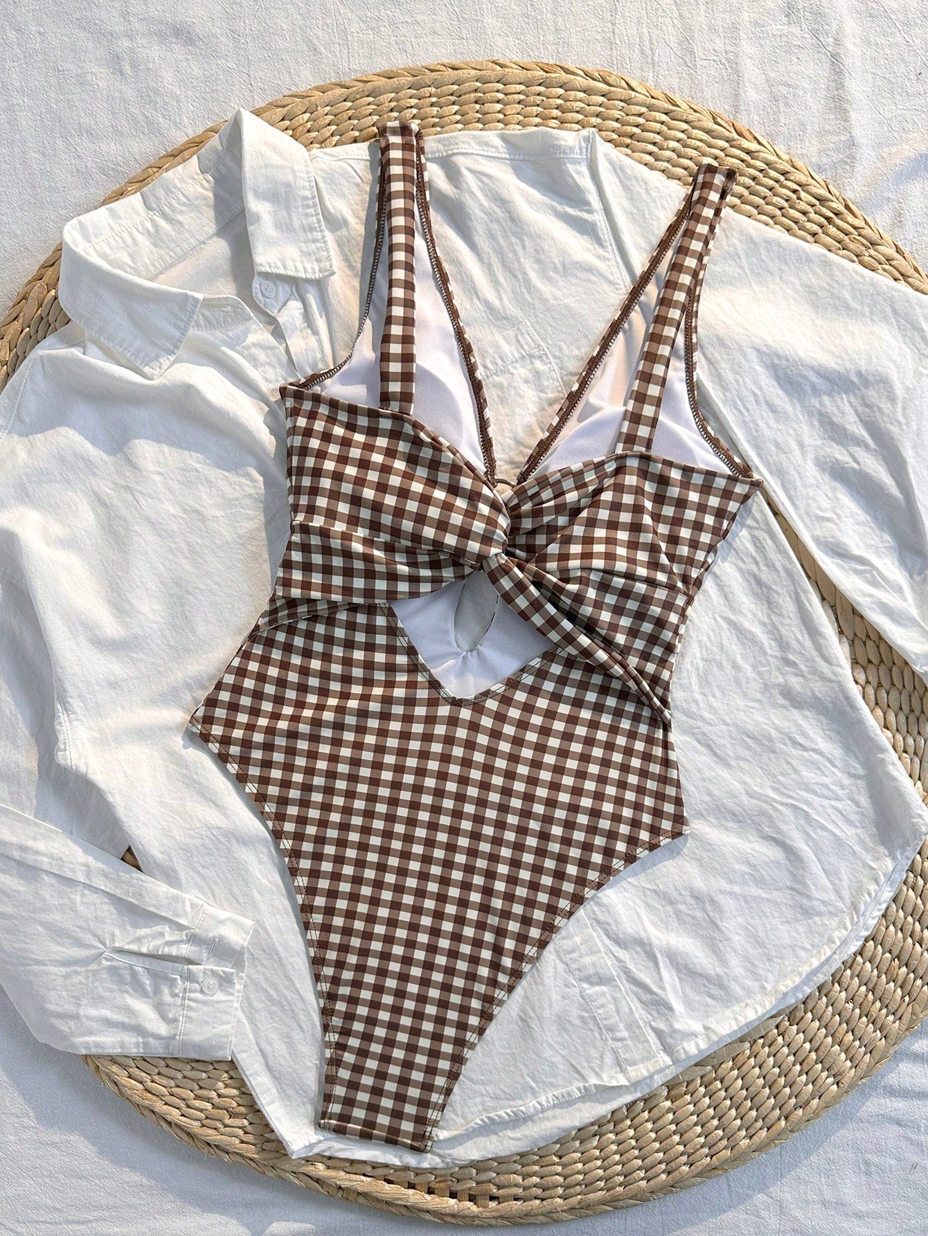 Swim Mod Women's New Brown Plaid One-Piece Swimsuit, Chest Ring Design, Elegant Minimalist Swimwear, Suitable For Beach Vacation, Photogenic, Spring/Summer Vacation Swimsuit, Back Cross Strap Design