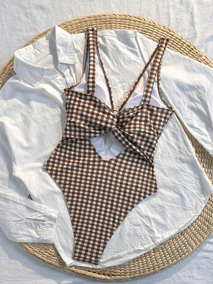 Swim Mod Women's New Brown Plaid One-Piece Swimsuit, Chest Ring Design, Elegant Minimalist Swimwear, Suitable For Beach Vacation, Photogenic, Spring/Summer Vacation Swimsuit, Back Cross Strap Design