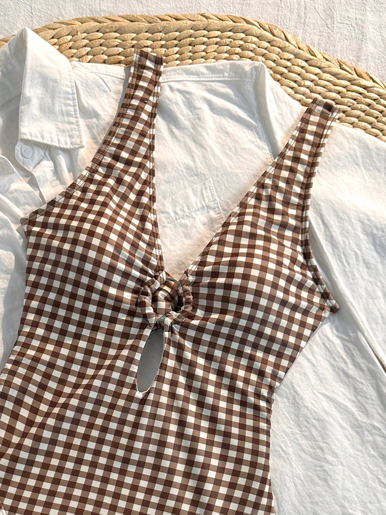 Swim Mod Women's New Brown Plaid One-Piece Swimsuit, Chest Ring Design, Elegant Minimalist Swimwear, Suitable For Beach Vacation, Photogenic, Spring/Summer Vacation Swimsuit, Back Cross Strap Design