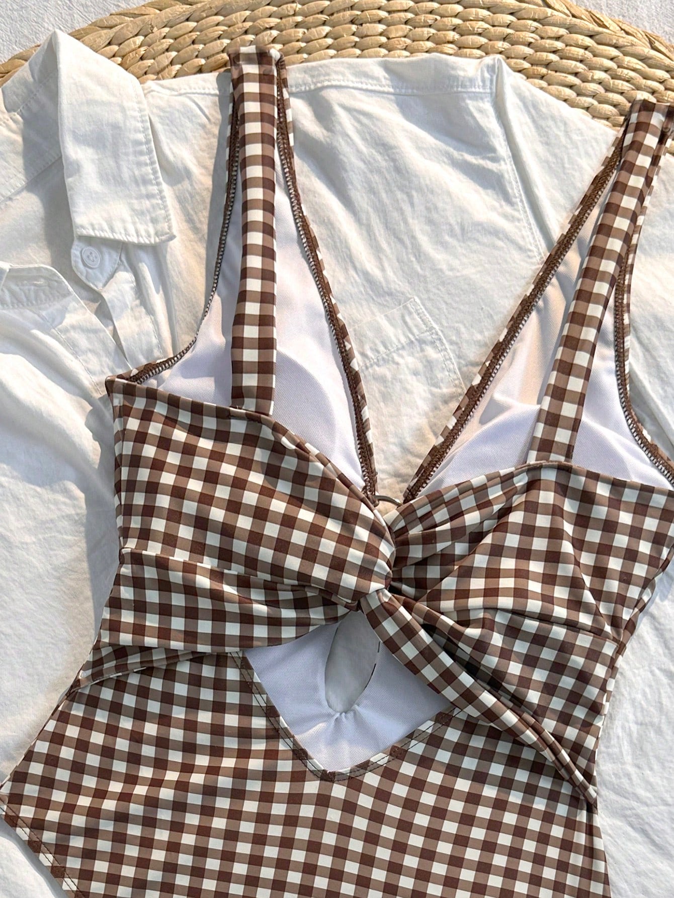 Swim Mod Women's New Brown Plaid One-Piece Swimsuit, Chest Ring Design, Elegant Minimalist Swimwear, Suitable For Beach Vacation, Photogenic, Spring/Summer Vacation Swimsuit, Back Cross Strap Design