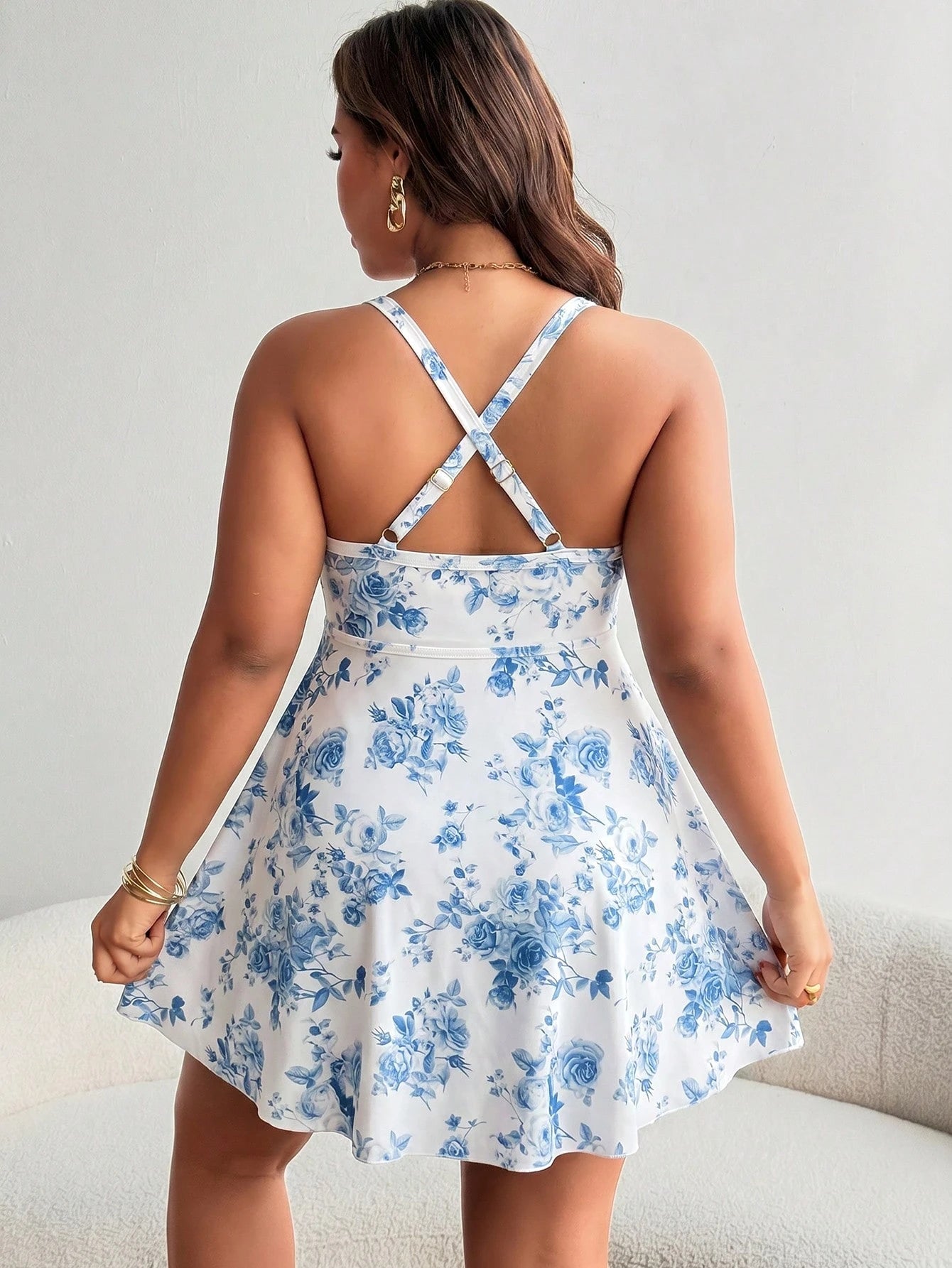 Swim Mod Women's Plus Size Ruffle Trim Tie Front Ruched Waist Dress And Swimsuit Set