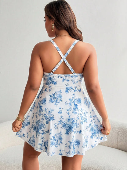 Swim Mod Women's Plus Size Ruffle Trim Tie Front Ruched Waist Dress And Swimsuit Set
