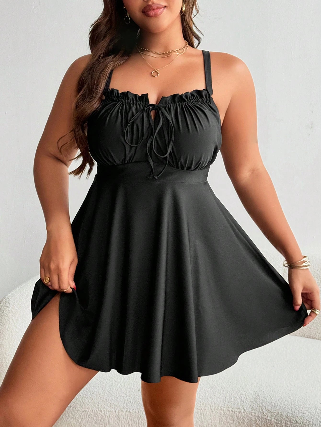 Swim Mod Women's Plus Size Ruffle Trim Tie Front Ruched Waist Dress And Swimsuit Set