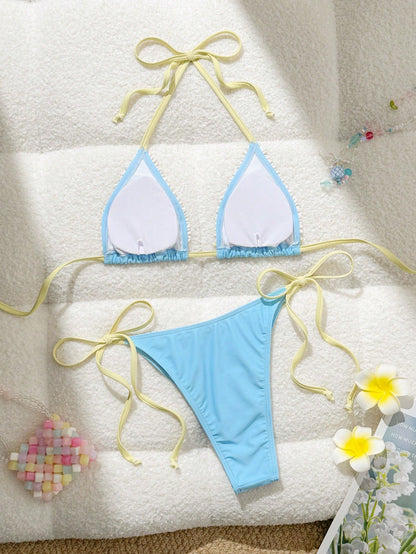 Swim Mod Women's Summer Beach Colorblock Halter Neck Tie Sexy Bikini And Triangle Bottom Two-Piece Swimsuit Set
