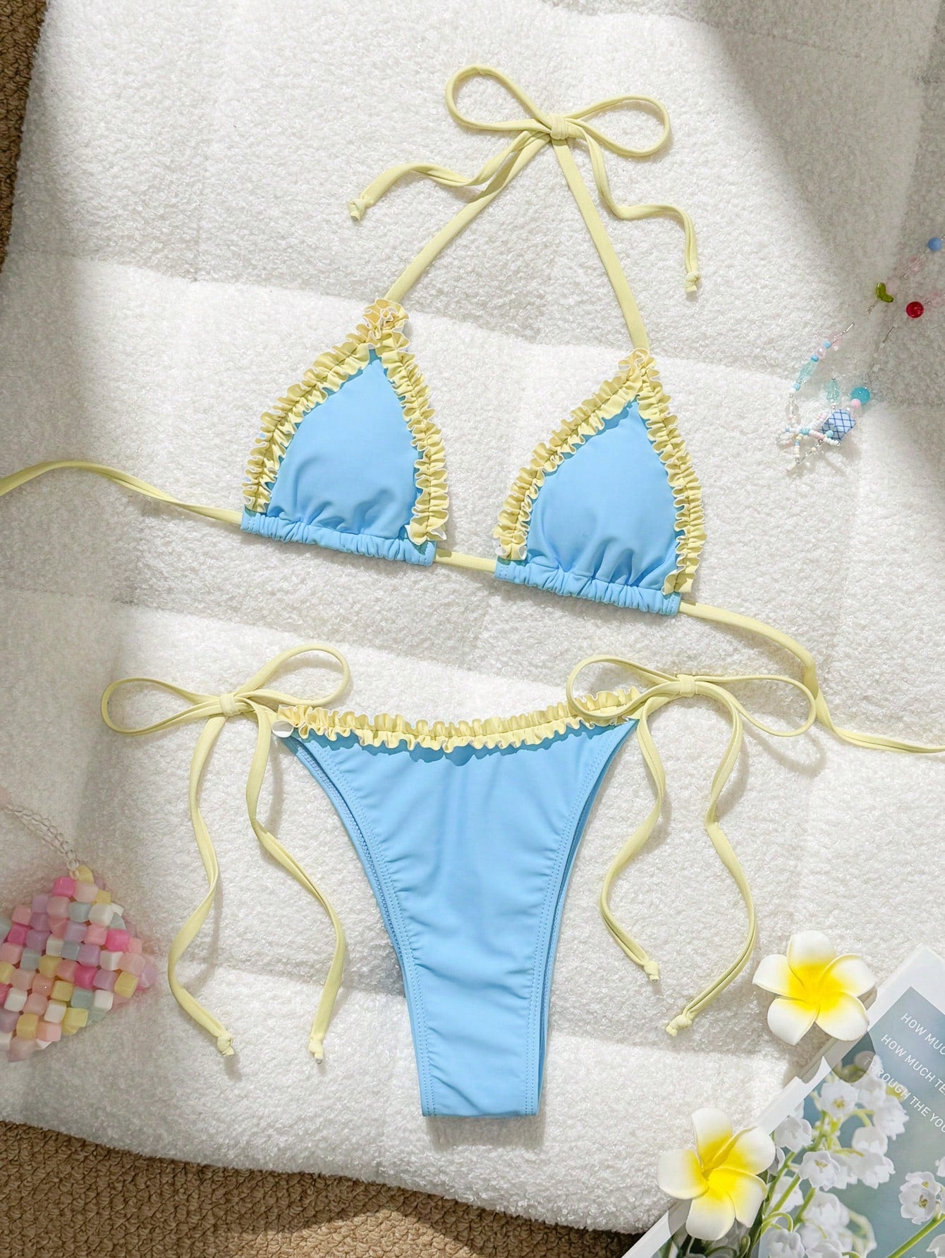 Swim Mod Women's Summer Beach Colorblock Halter Neck Tie Sexy Bikini And Triangle Bottom Two-Piece Swimsuit Set