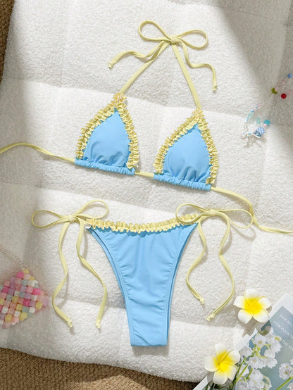 Swim Mod Women's Summer Beach Colorblock Halter Neck Tie Sexy Bikini And Triangle Bottom Two-Piece Swimsuit Set