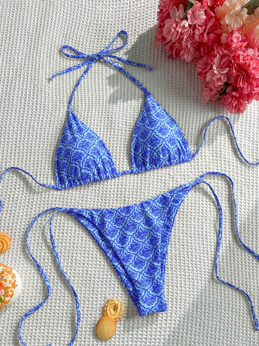Swim Mod Women's Summer Beach Floral Print Halter Tie Sexy Bikini 2-Piece Swimwear Set, Random Print