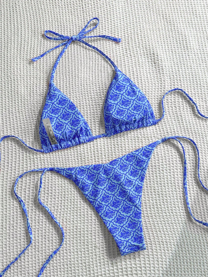 Swim Mod Women's Summer Beach Floral Print Halter Tie Sexy Bikini 2-Piece Swimwear Set, Random Print