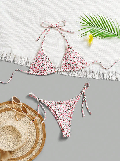 Swim Mod Women's Summer Beach Floral Print Halter Tie Sexy Bikini 2-Piece Swimwear Set, Random Print