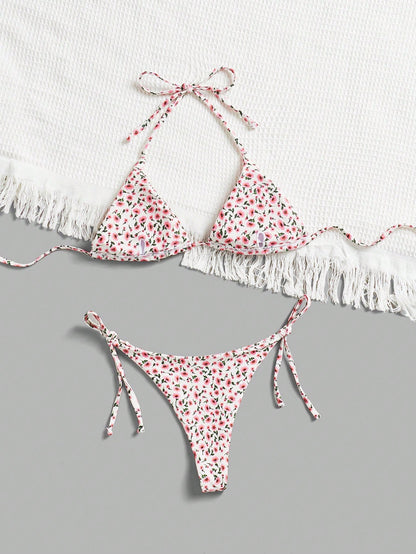Swim Mod Women's Summer Beach Floral Print Halter Tie Sexy Bikini 2-Piece Swimwear Set, Random Print