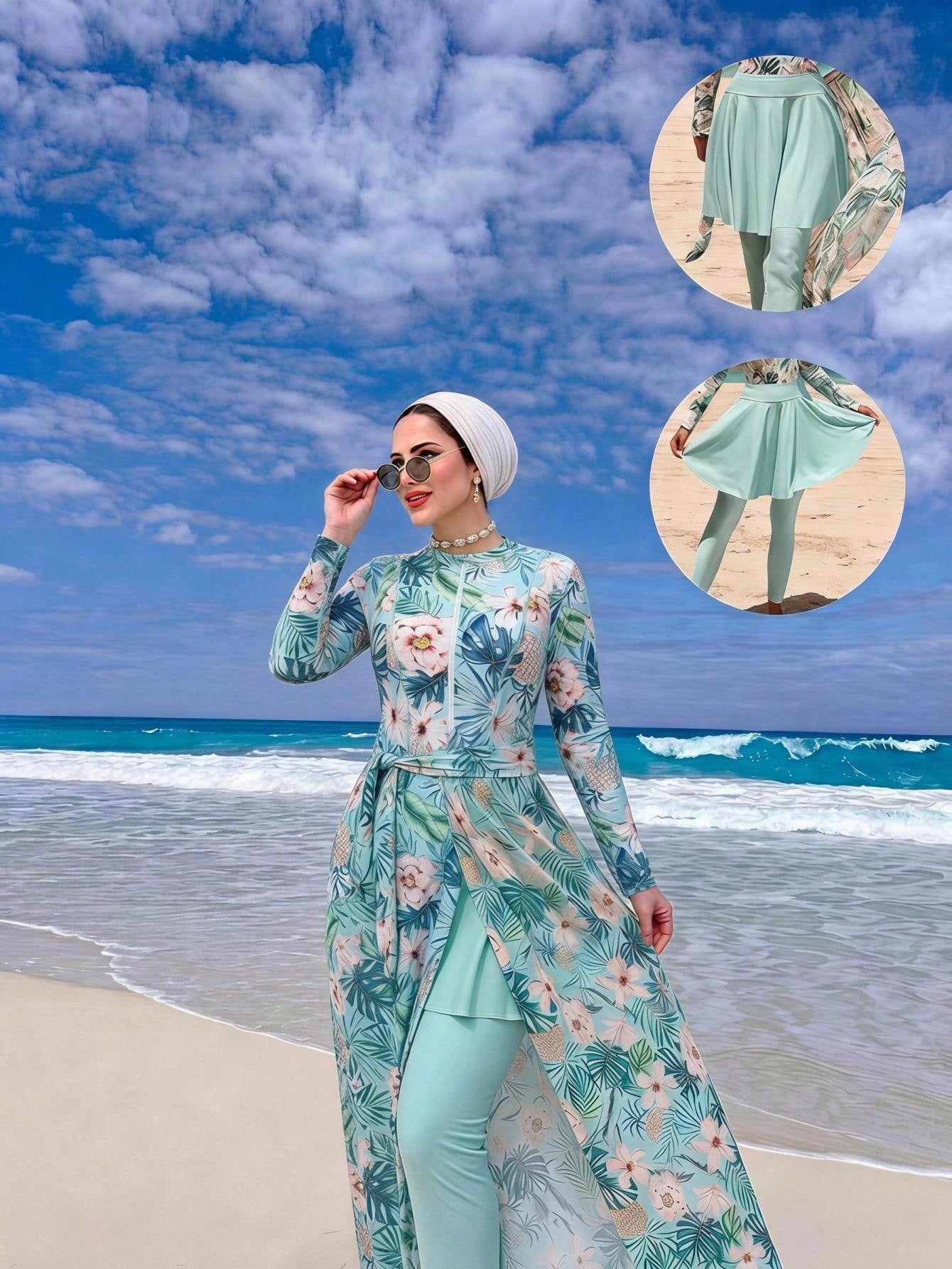 Swim Mulvari Plus Size Women's Floral Print Long Sleeve Bodysuit, Pants And Skirt Burkini Set, Suitable For Summer Vacation And Beach Carribean Sky Blue