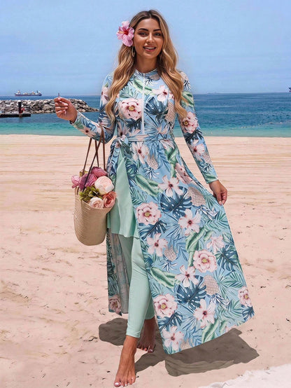 Swim Mulvari Plus Size Women's Floral Print Long Sleeve Bodysuit, Pants And Skirt Burkini Set, Suitable For Summer Vacation And Beach Carribean Sky Blue