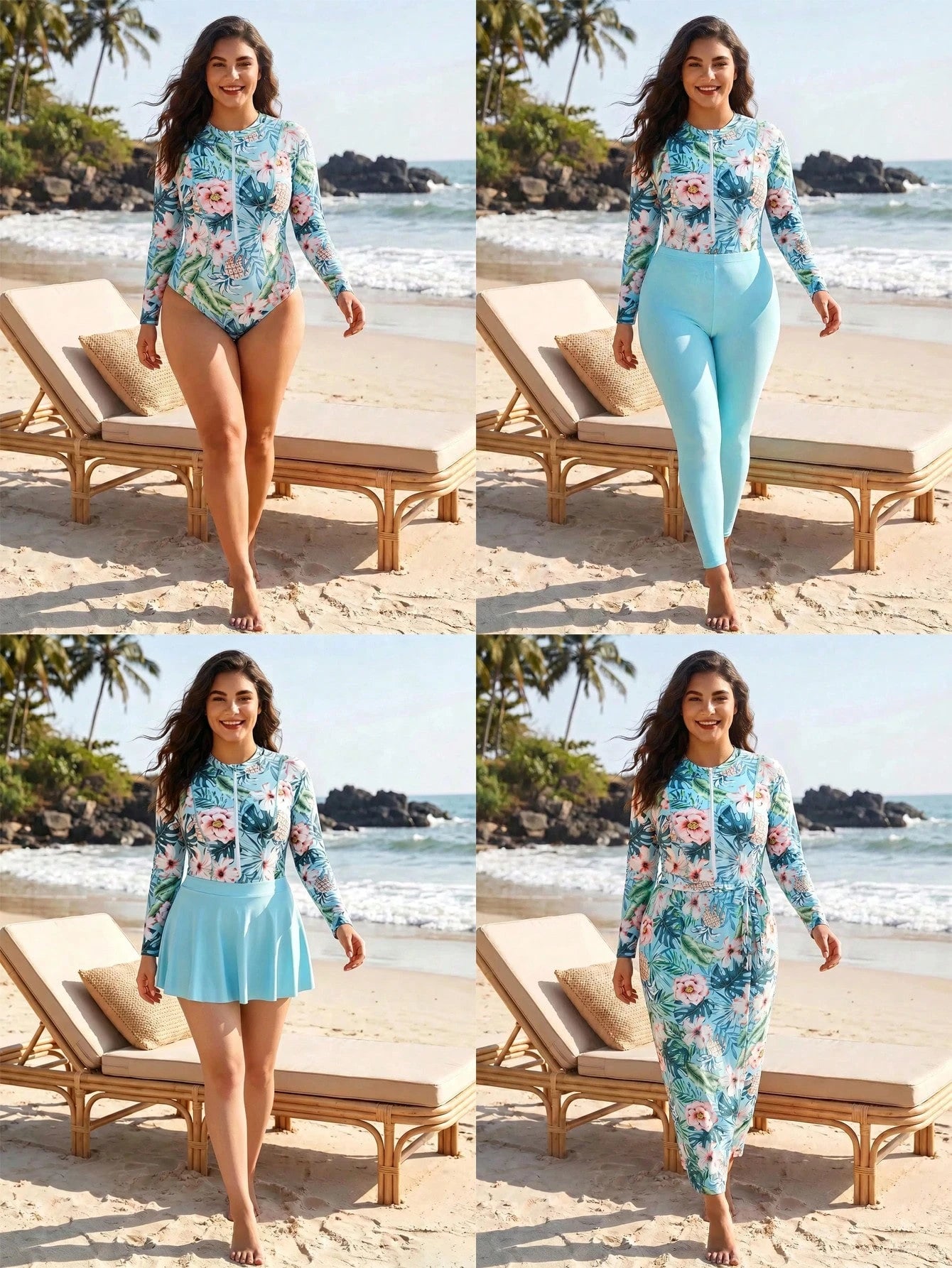 Swim Mulvari Plus Size Women's Floral Print Long Sleeve Bodysuit, Pants And Skirt Burkini Set, Suitable For Summer Vacation And Beach Carribean Sky Blue