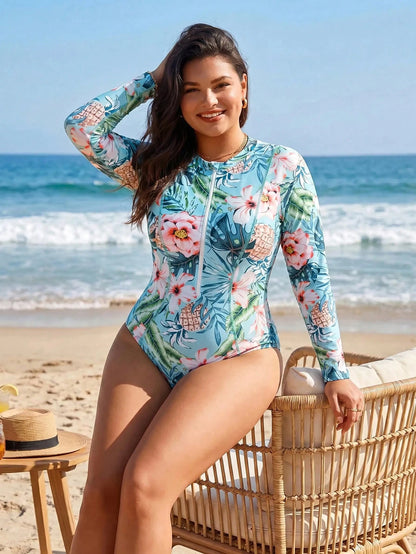 Swim Mulvari Plus Size Women's Floral Print Long Sleeve Bodysuit, Pants And Skirt Burkini Set, Suitable For Summer Vacation And Beach Carribean Sky Blue