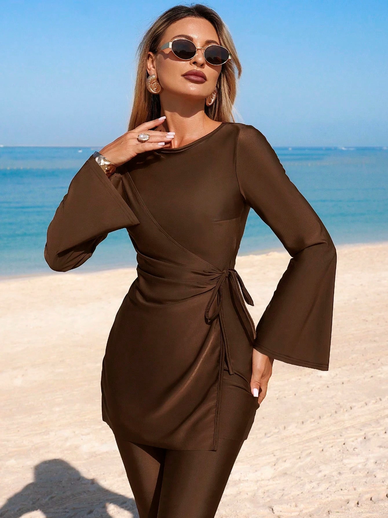 Swim Mulvari Women's New Modest Burkinis Swimwear, Solid Color Slimming Casual Middle East Resort Long Sleeve & Long Pants Two Pieces Swimwear Set